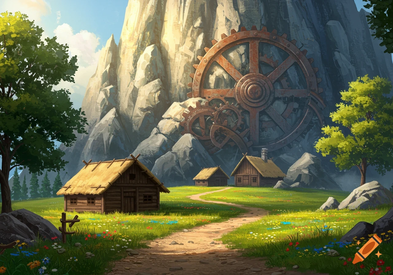 A vibrant fantasy landscape with a dirt path leading past wooden huts towards a mountain with large rusted gears, surrounded by green grass and wildflowers.