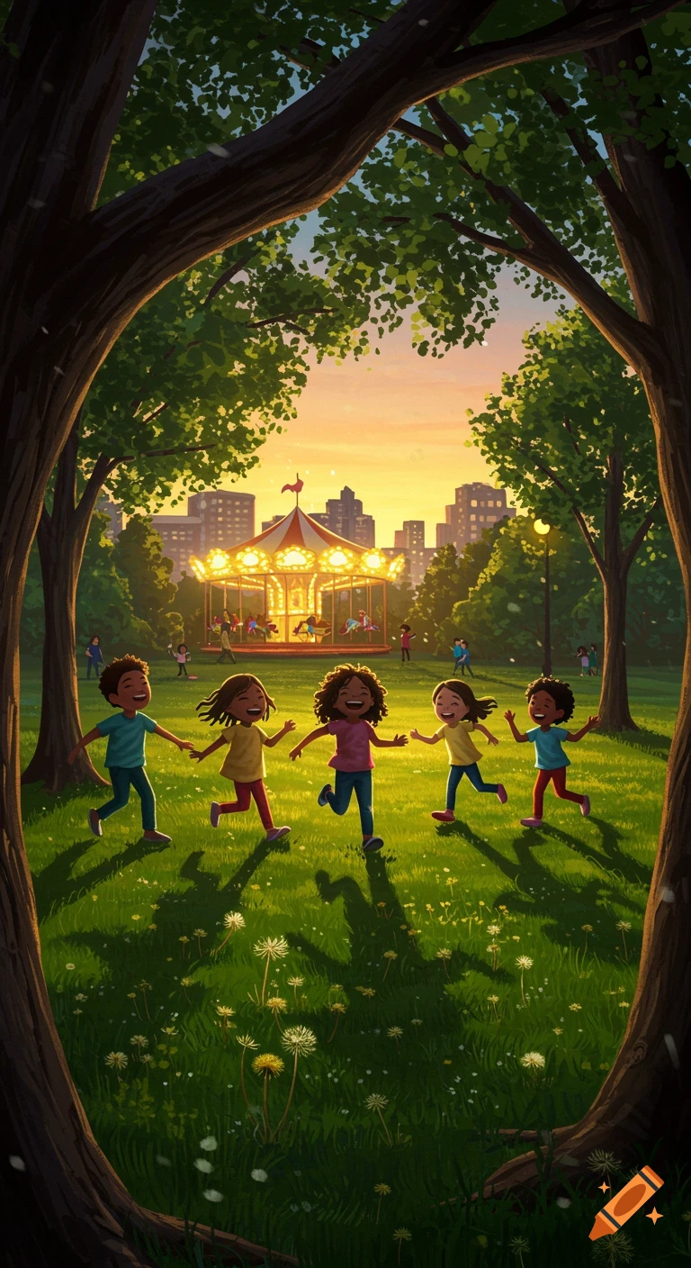 Five happy children run across a sunny park with a brightly lit carousel and city skyline at sunset, framed by tree trunks. Illustrated style.