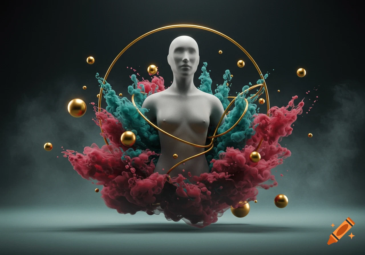 Abstract 3D render of a white mannequin torso surrounded by swirling teal and red ink, golden rings, and floating golden spheres.