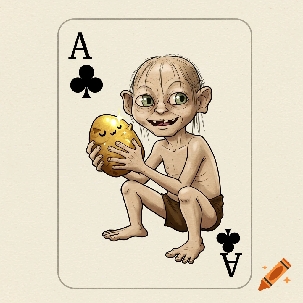 Cartoon Gollum holding a shiny, smiling potato on an Ace of Clubs playing card.