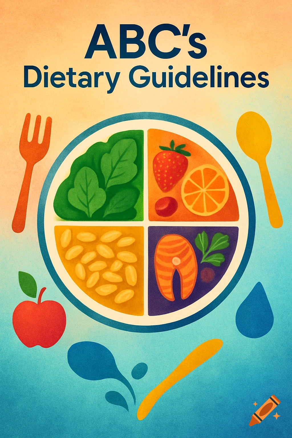Illustrated poster showing ABC's Dietary Guidelines with a segmented plate of greens, fruits, grains, and fish.