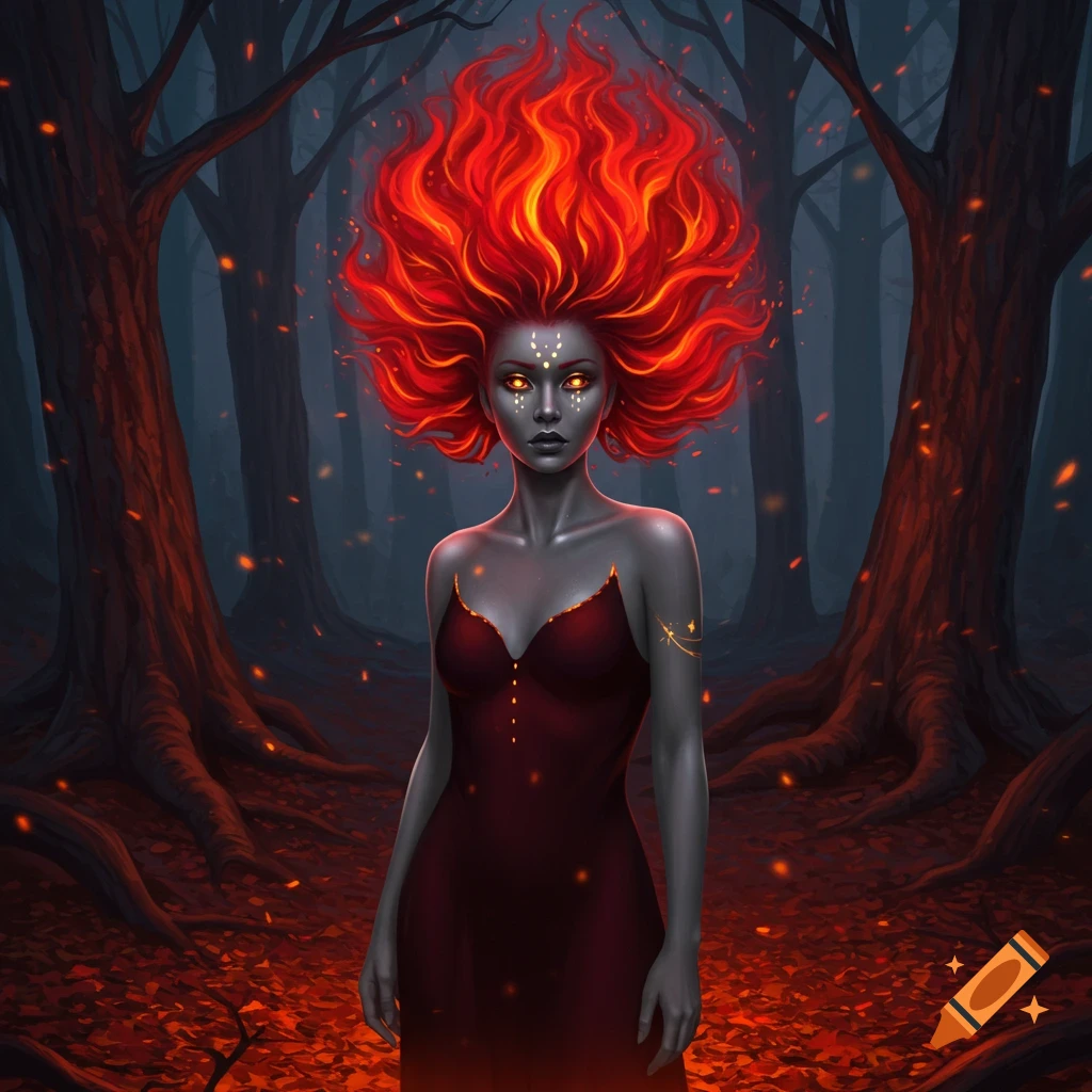 A dark fantasy image of a woman with vibrant red fire for hair, gray skin, and glowing eyes, wearing a red dress, standing in a dark forest with red glowing leaves on the ground.