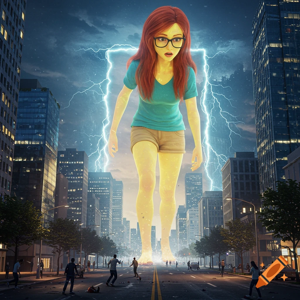 A gigantic, yellow-skinned woman with red hair and glasses looms over a city, surrounded by lightning, as people flee in panic in a CGI style.