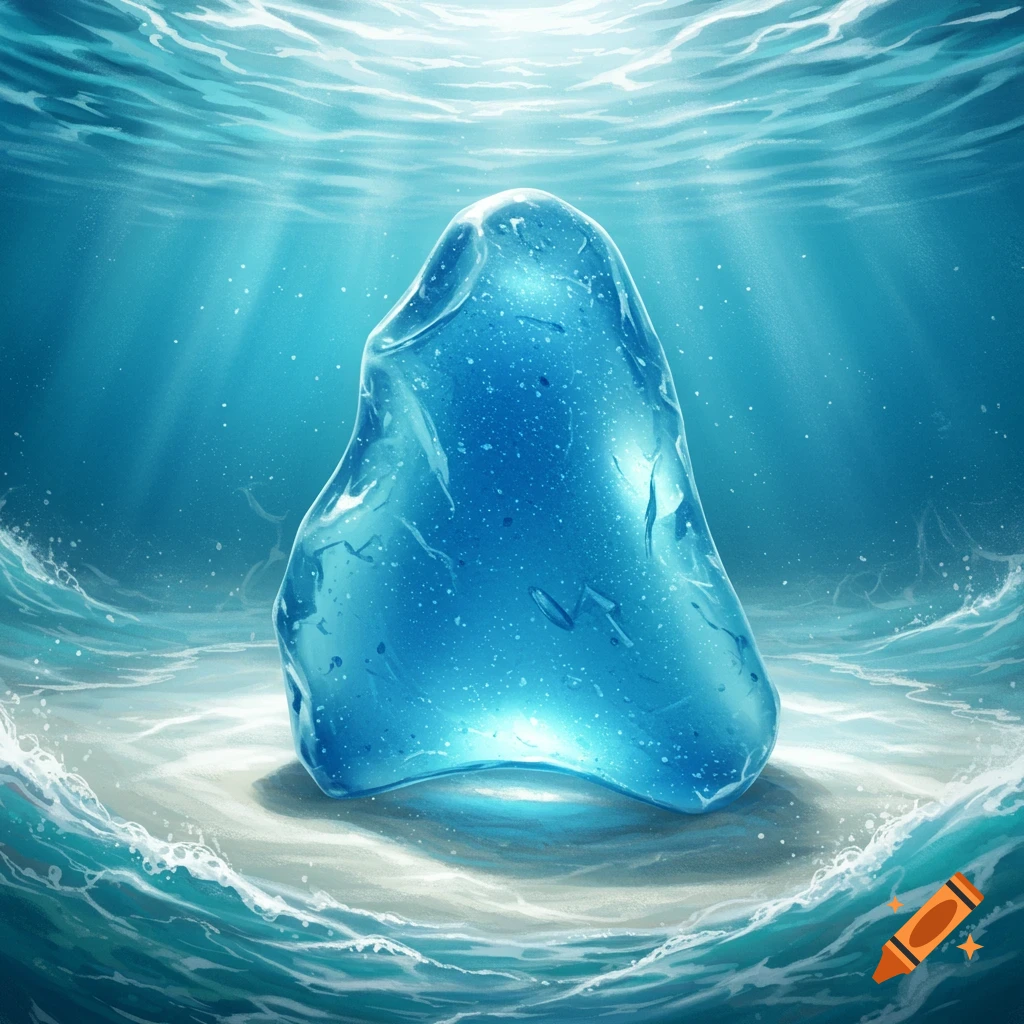 A large, glowing blue piece of seaglass resembling an iceberg sits on the sandy ocean floor with light rays shining through the water.