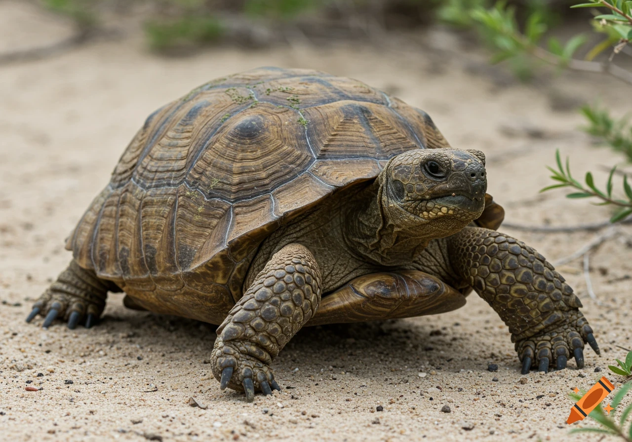 A photorealistic gopher tortoise walks on sandy ground with sparse green plants in the background.