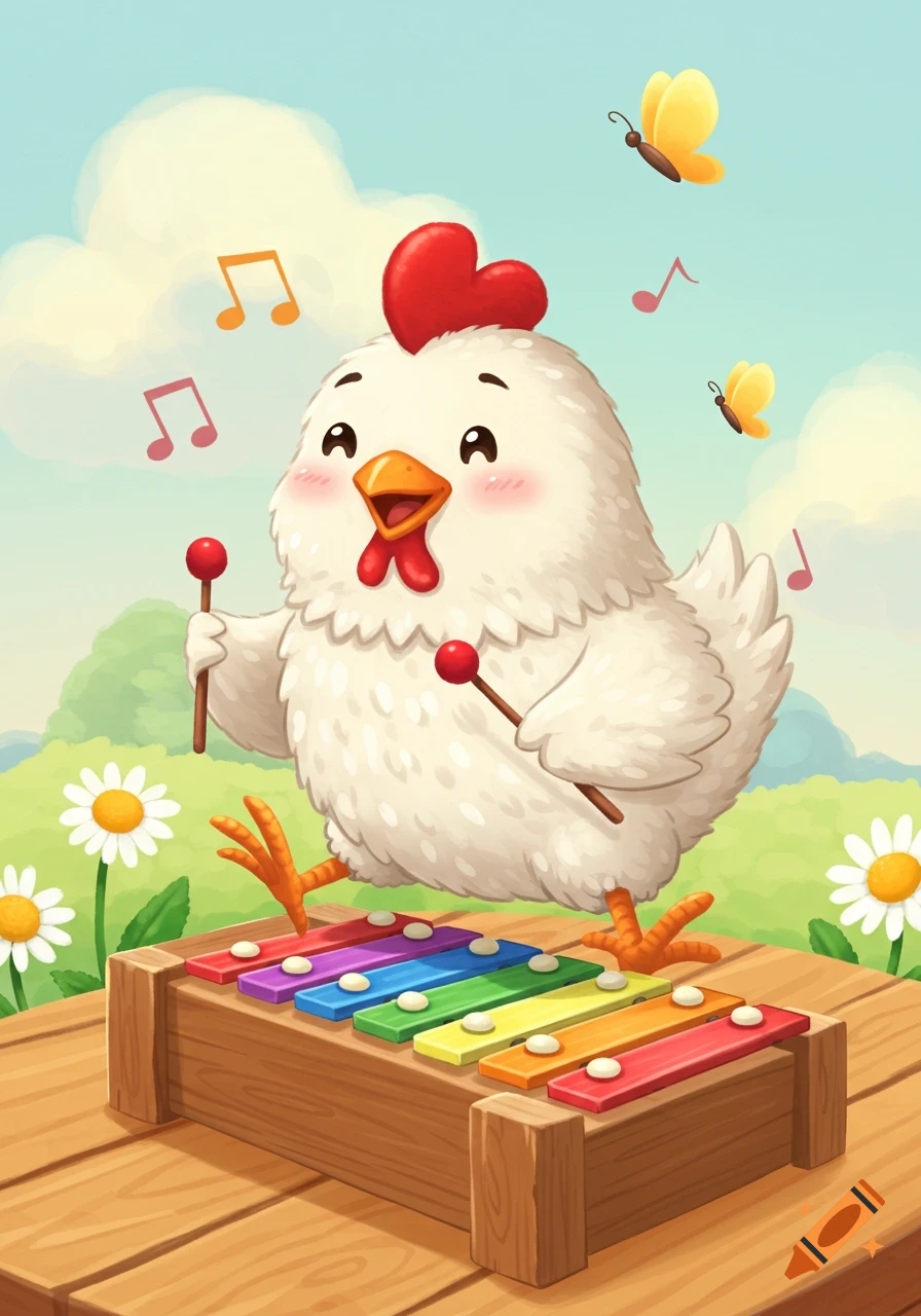 A cute cartoon chicken cheerfully plays a colorful xylophone with mallets outdoors, with butterflies and flowers.