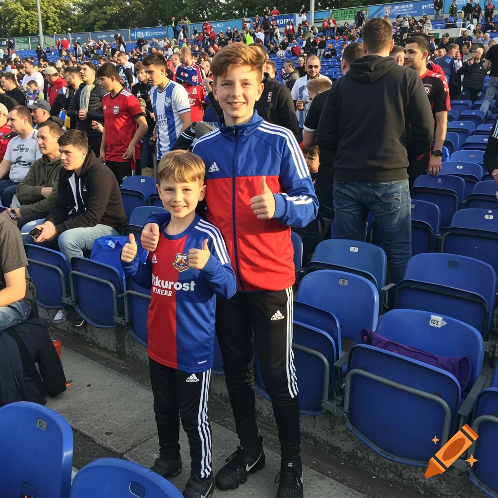 Two young boys in red and blue sports attire give thumbs up at a crowded football stadium.