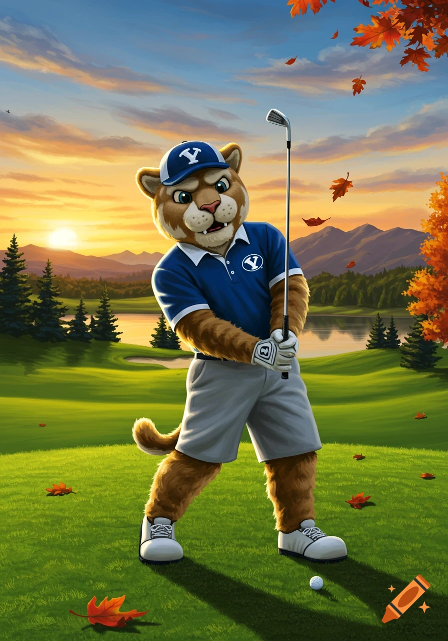 A cartoon cougar mascot in a blue polo and white shorts, wearing a 'Y' hat, swings a golf club on a green course during a vibrant sunset with autumn foliage.