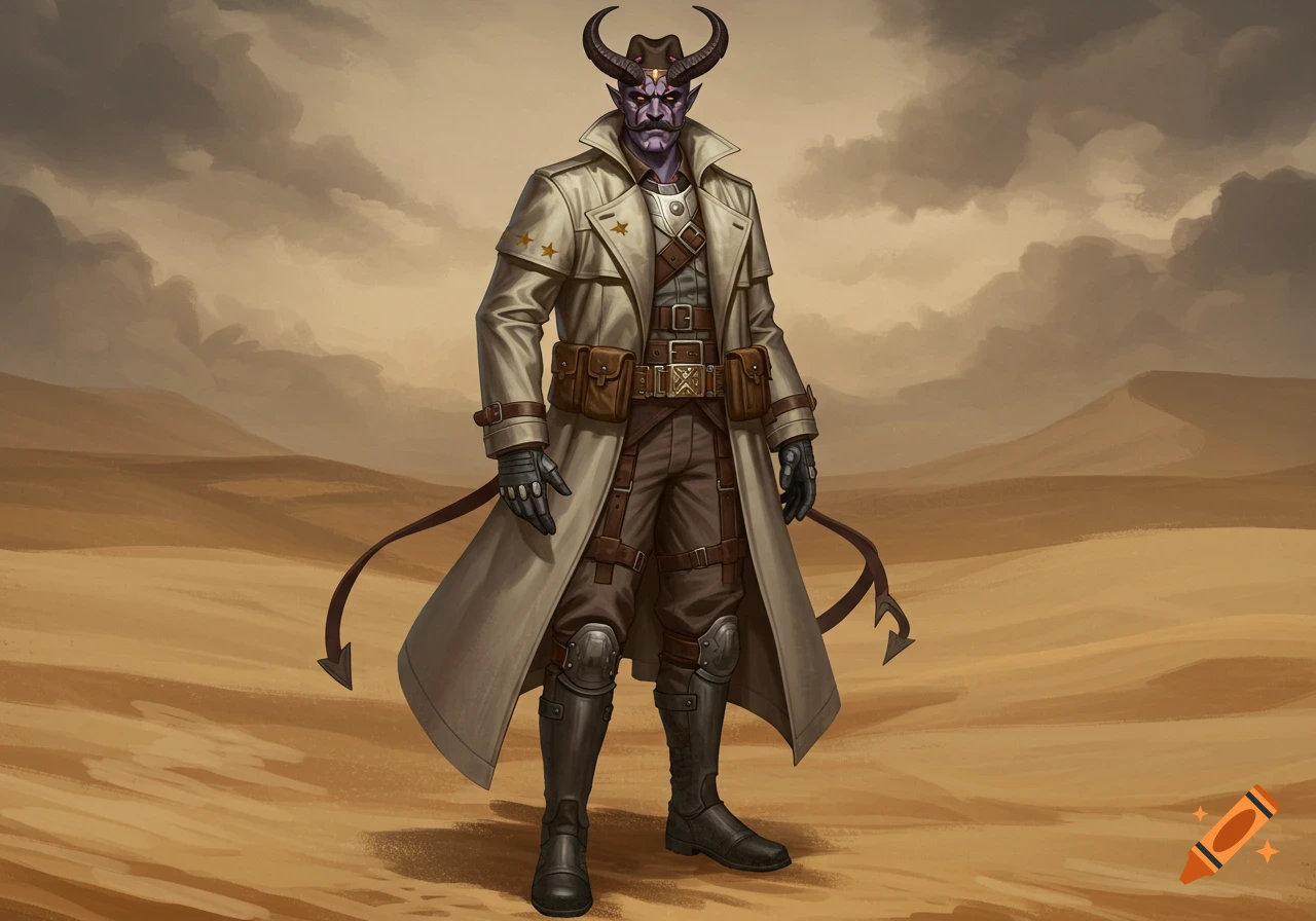 A purple-skinned demon character with horns and a mustache, wearing a long beige coat, hat, and boots, stands in a desolate desert landscape.