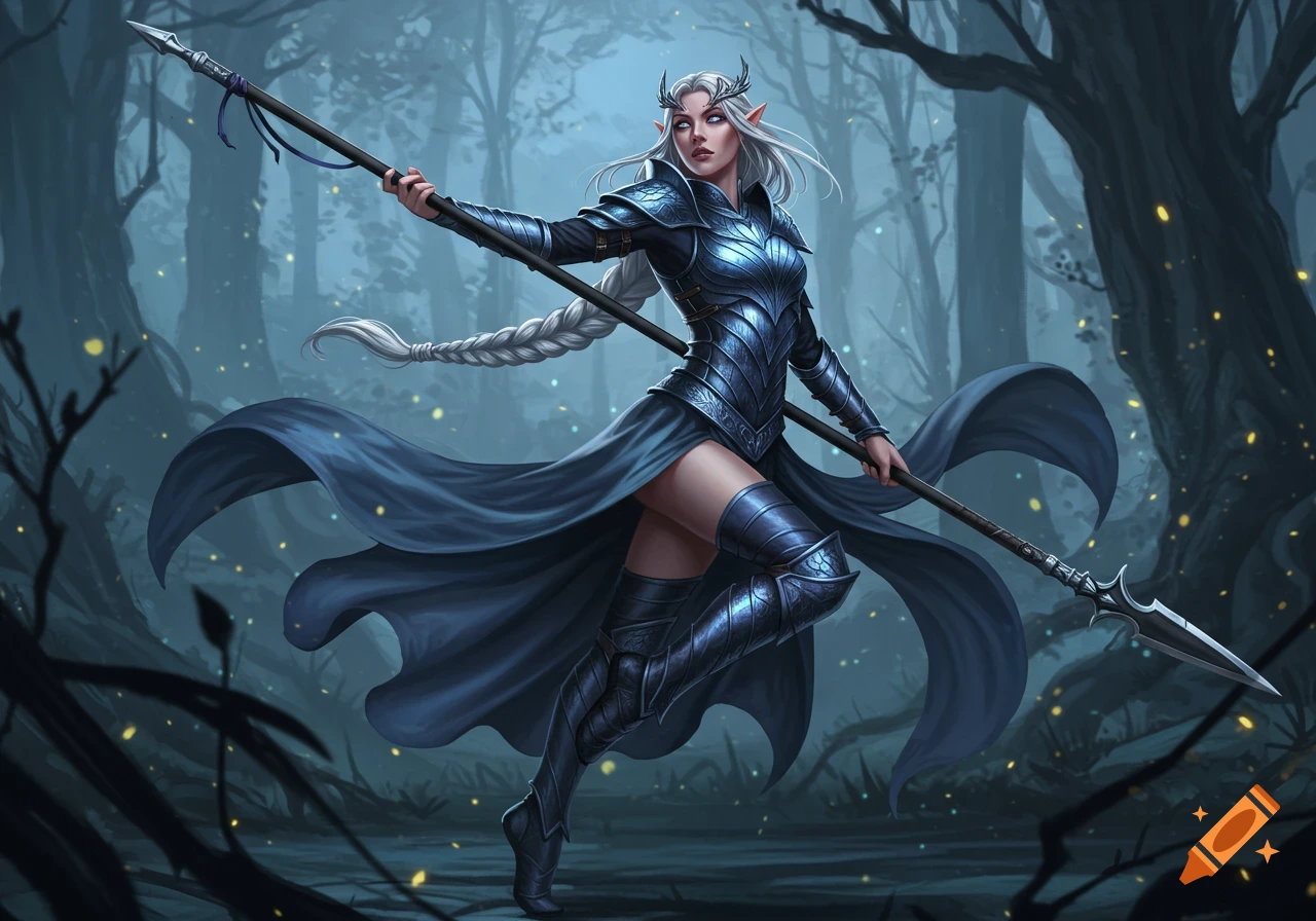 A white-haired female elf warrior in blue armor and flowing skirt holds a spear in a mystical, dark forest.