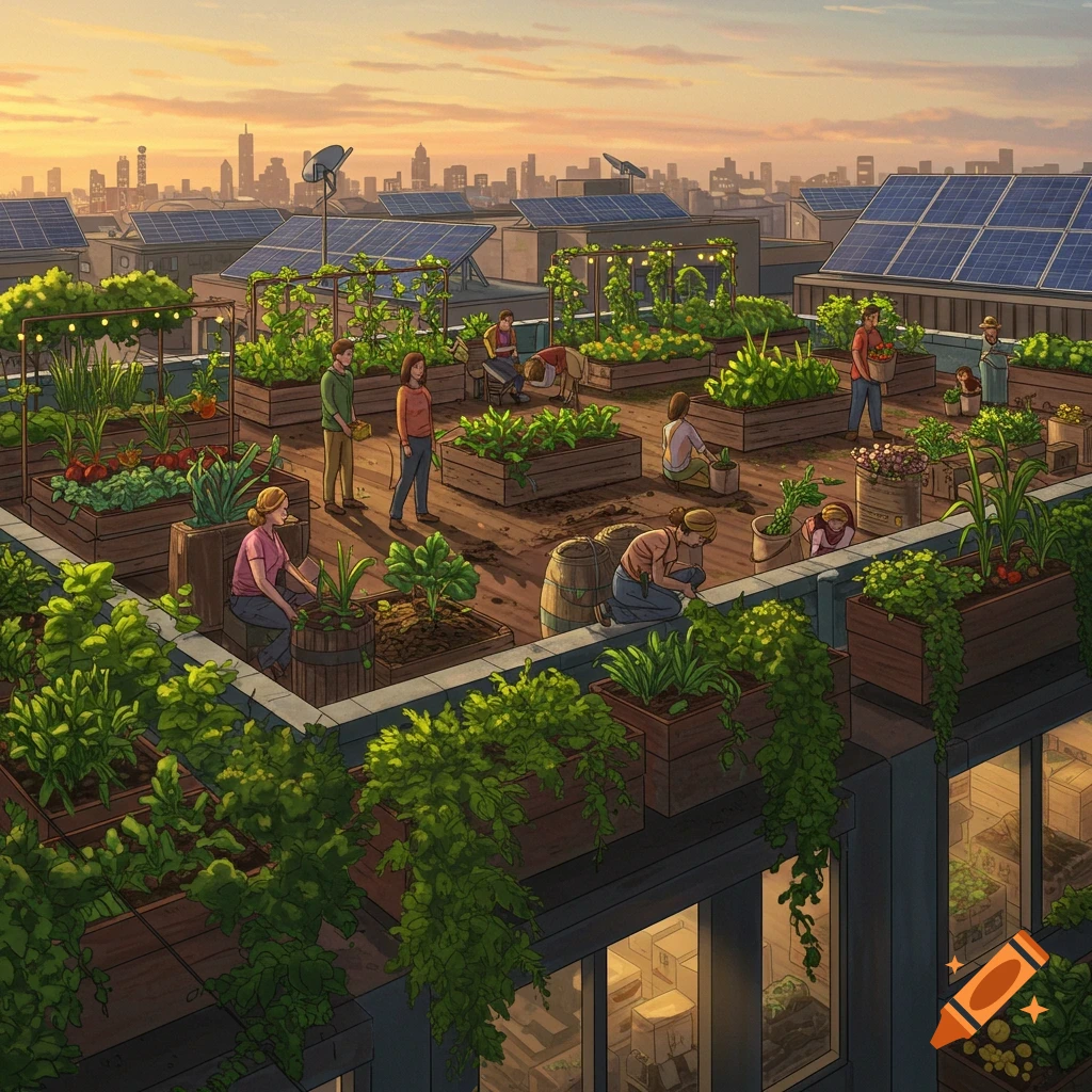 Stylized illustration of people gardening on a city rooftop with raised beds, solar panels, and a sunset skyline.