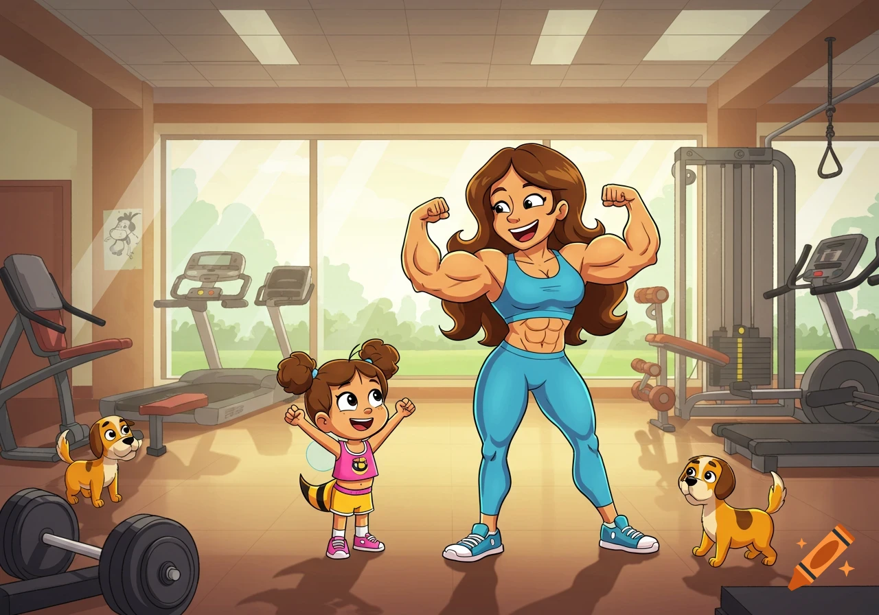 Cartoon image of a muscular woman flexing her arms next to a cheering little girl and two puppies in a gym.