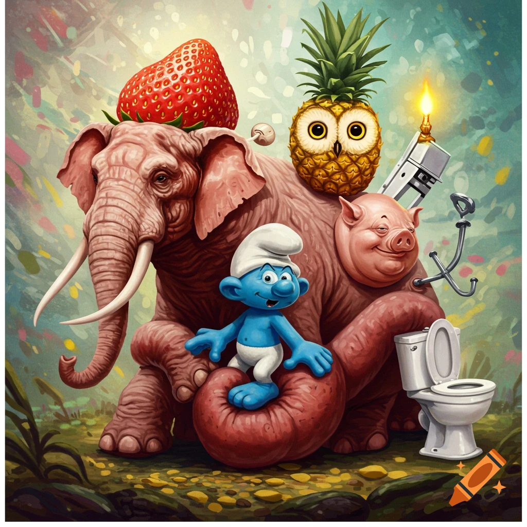 A surreal digital painting of a pink elephant creature amalgamated with a strawberry, a Smurf, a pineapple-owl, a pig's head, and a toilet.