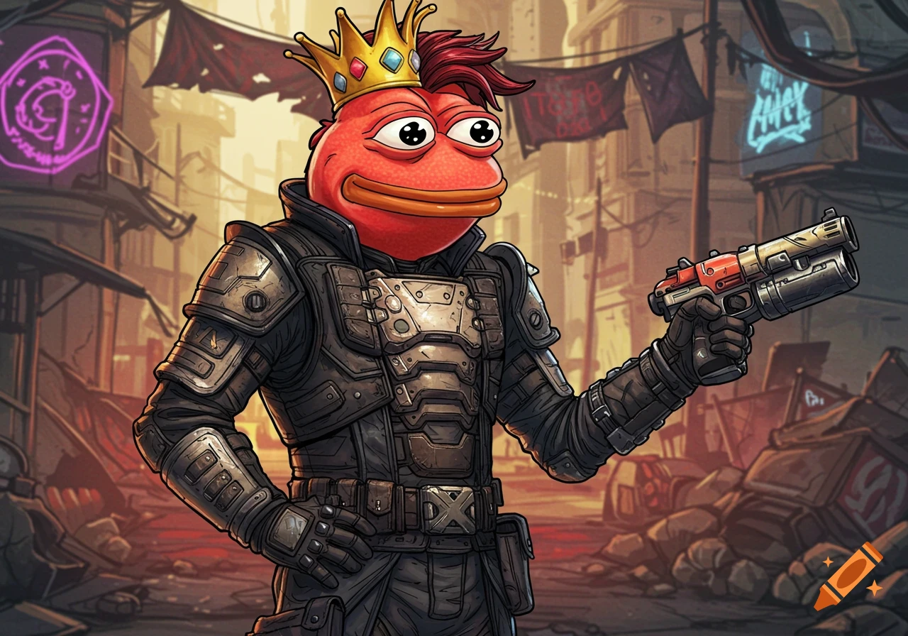 A cartoon Pepe the Frog character wearing futuristic armor and a gold crown, holding a sci-fi pistol in a dystopian city setting.