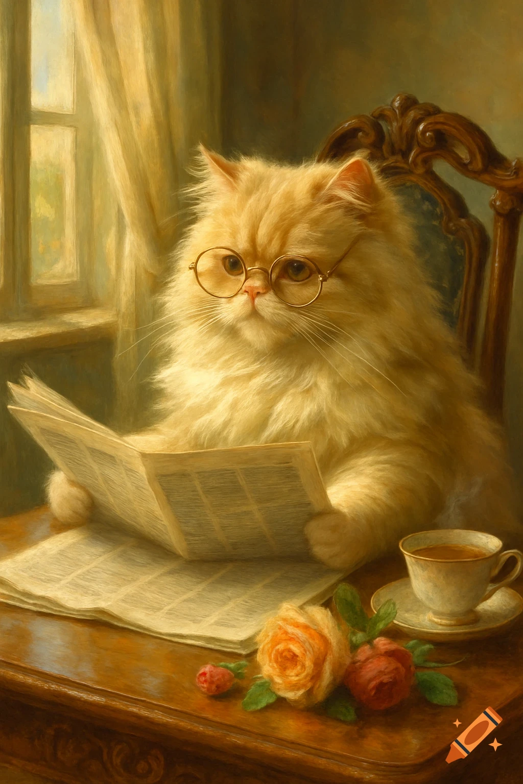 A fluffy orange cat in round glasses reads a newspaper at a table with a teacup and roses, painted in a warm, classic style.
