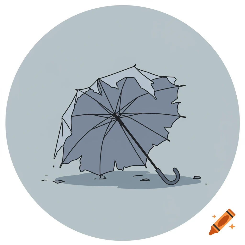 A cartoon illustration of a broken gray umbrella lying on the ground within a light gray circular frame.