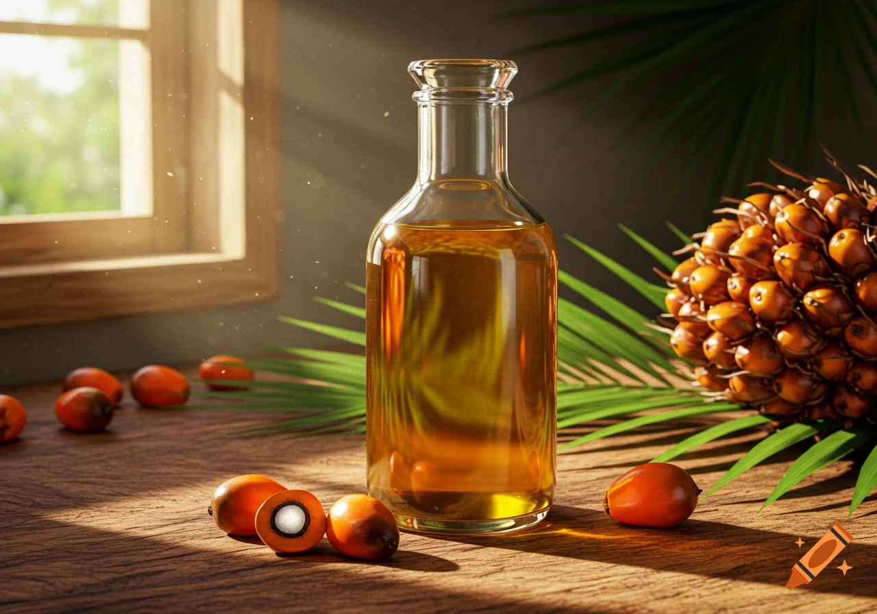 Photorealistic still life of a palm oil bottle, loose palm fruits, and a palm frond on a sunlit wooden table.