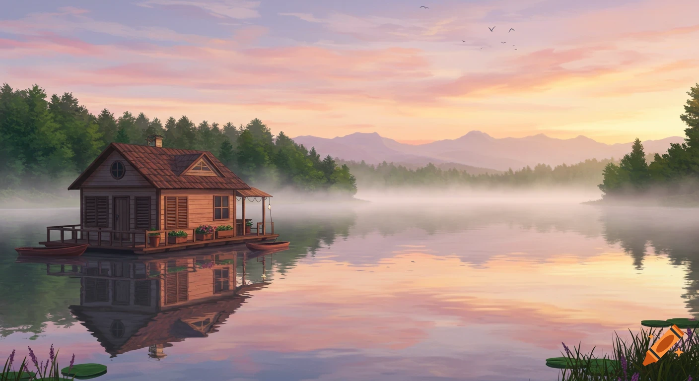 A wooden houseboat floats on a misty lake at sunrise, surrounded by a forest and mountains under a pastel sky.