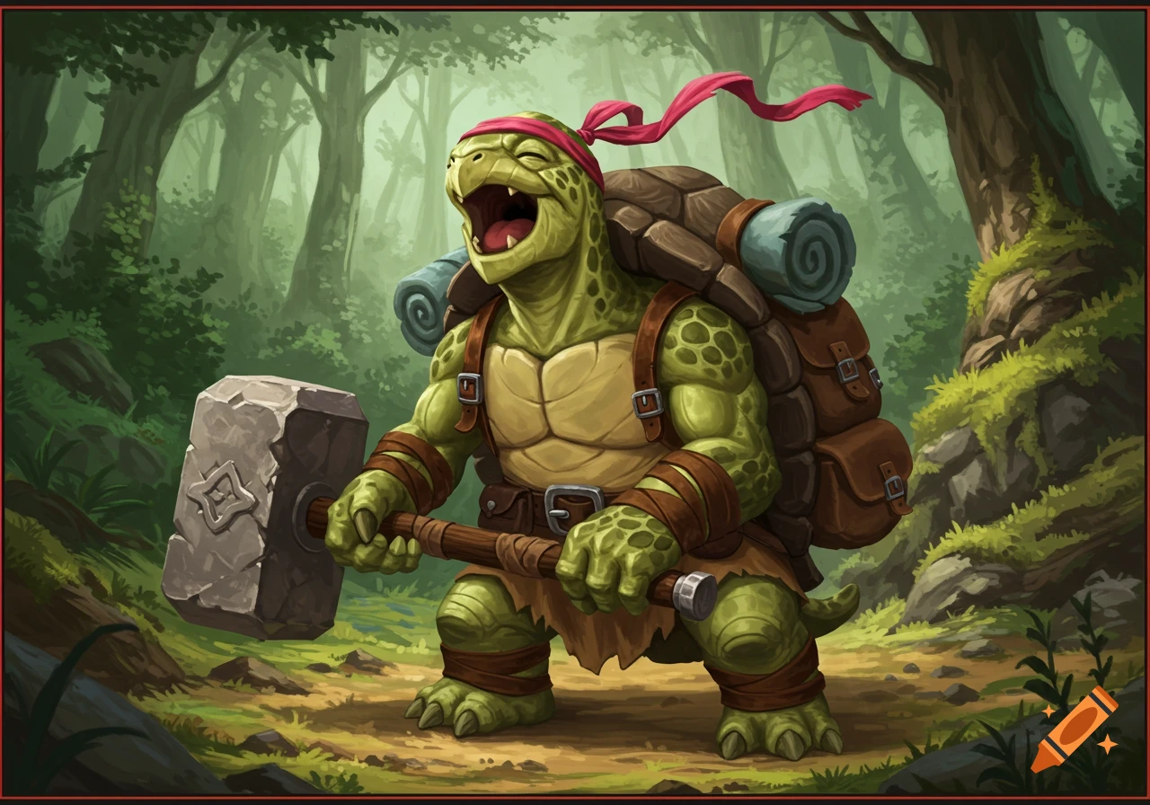 A cheerful green Tortle warrior with a red headband, backpacks, and leather straps, laughs while holding a stone hammer in a vibrant fantasy forest.