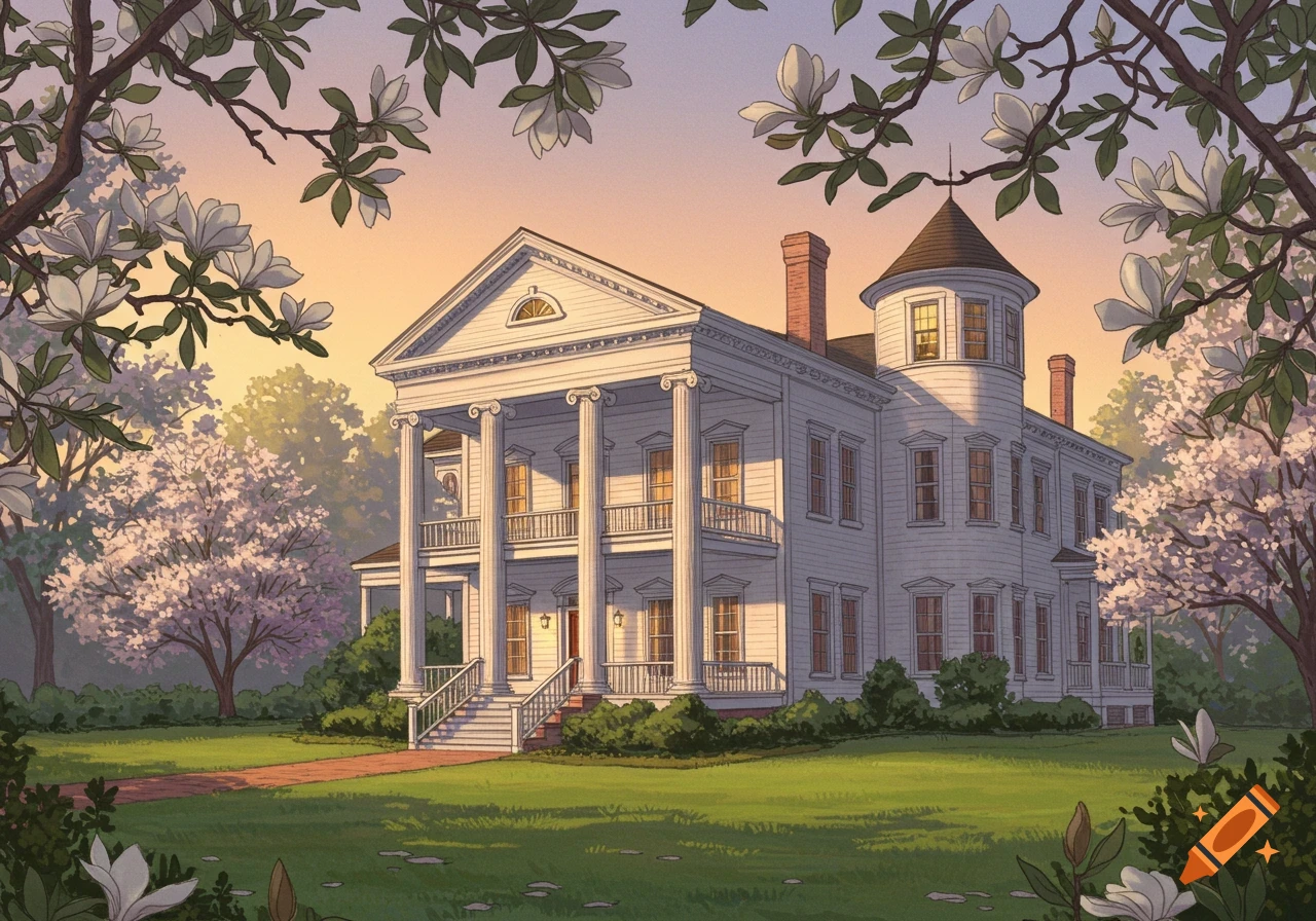 An illustrated white two-story Southern mansion with a round tower, set in a lush garden with flowering trees at sunset.