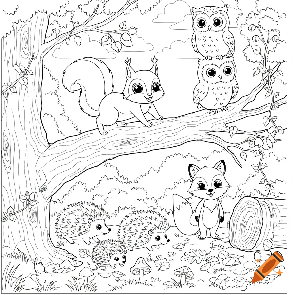 Black and white coloring page of cute cartoon forest animals: a squirrel, owls, hedgehogs, and a fox in a woodland setting.