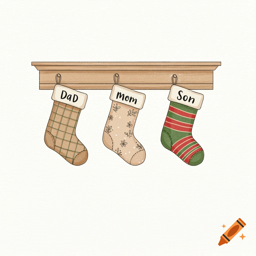 Three illustrated Christmas stockings labeled 'Dad', 'Mom', and 'Son' hanging from a wooden mantle.
