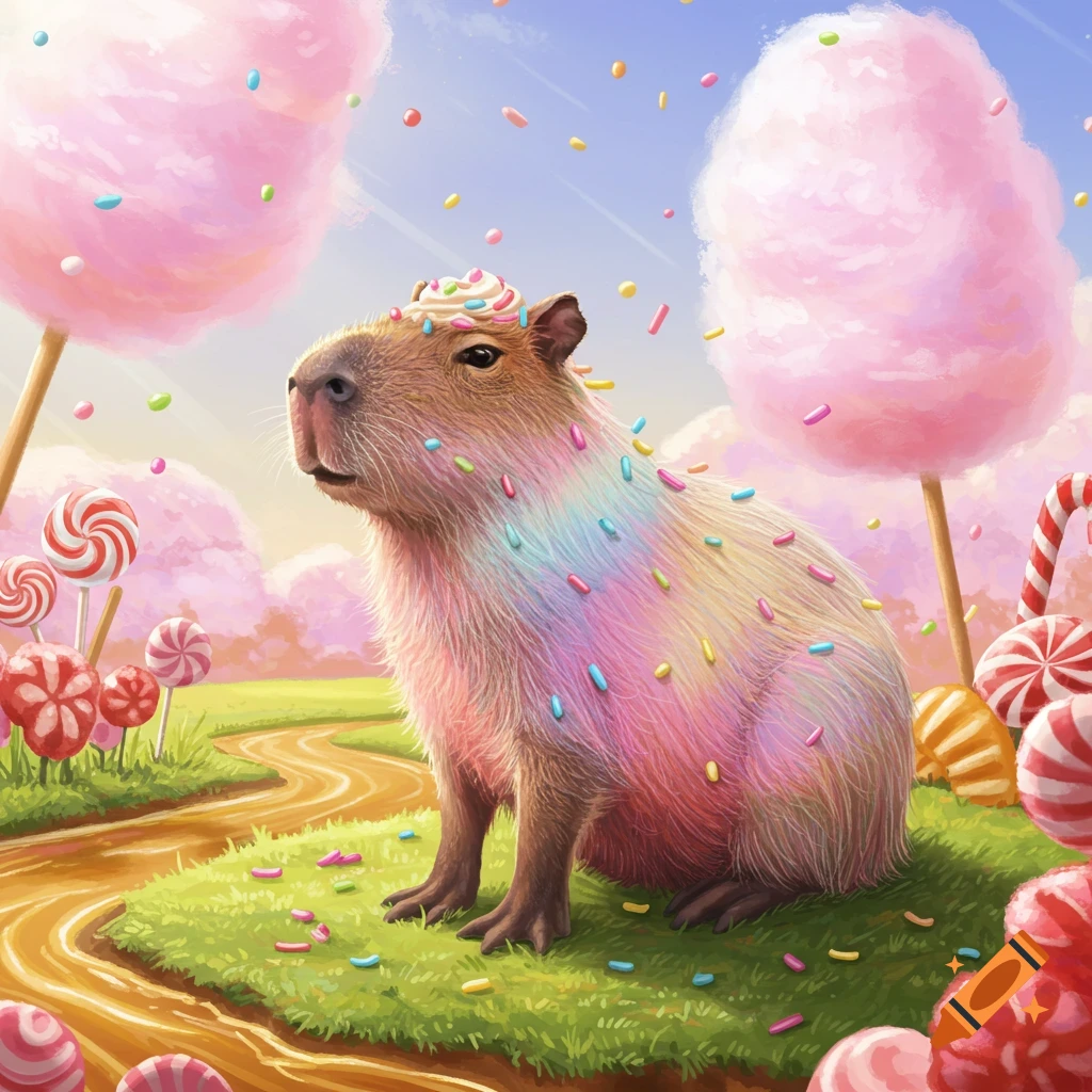 A whimsical capybara covered in rainbow sprinkles and frosting sits in a colorful candy land with lollipops and cotton candy.