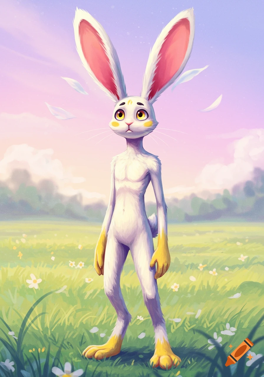 A white anthropomorphic bunny with large pink ears, yellow eyes, and yellow paws stands in a grassy field with a pastel sky.