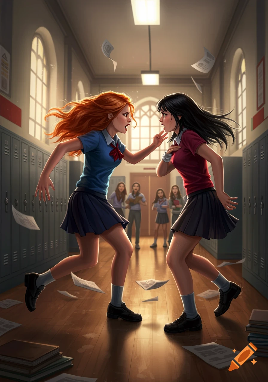 Two animated girls in school uniforms fight in a hallway with papers flying; other students watch.