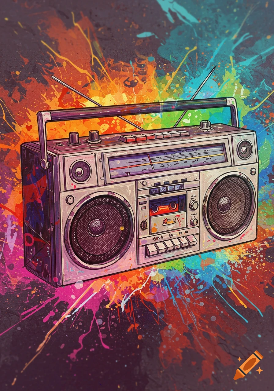 Stylized boombox with colorful paint splatters on a dark background.