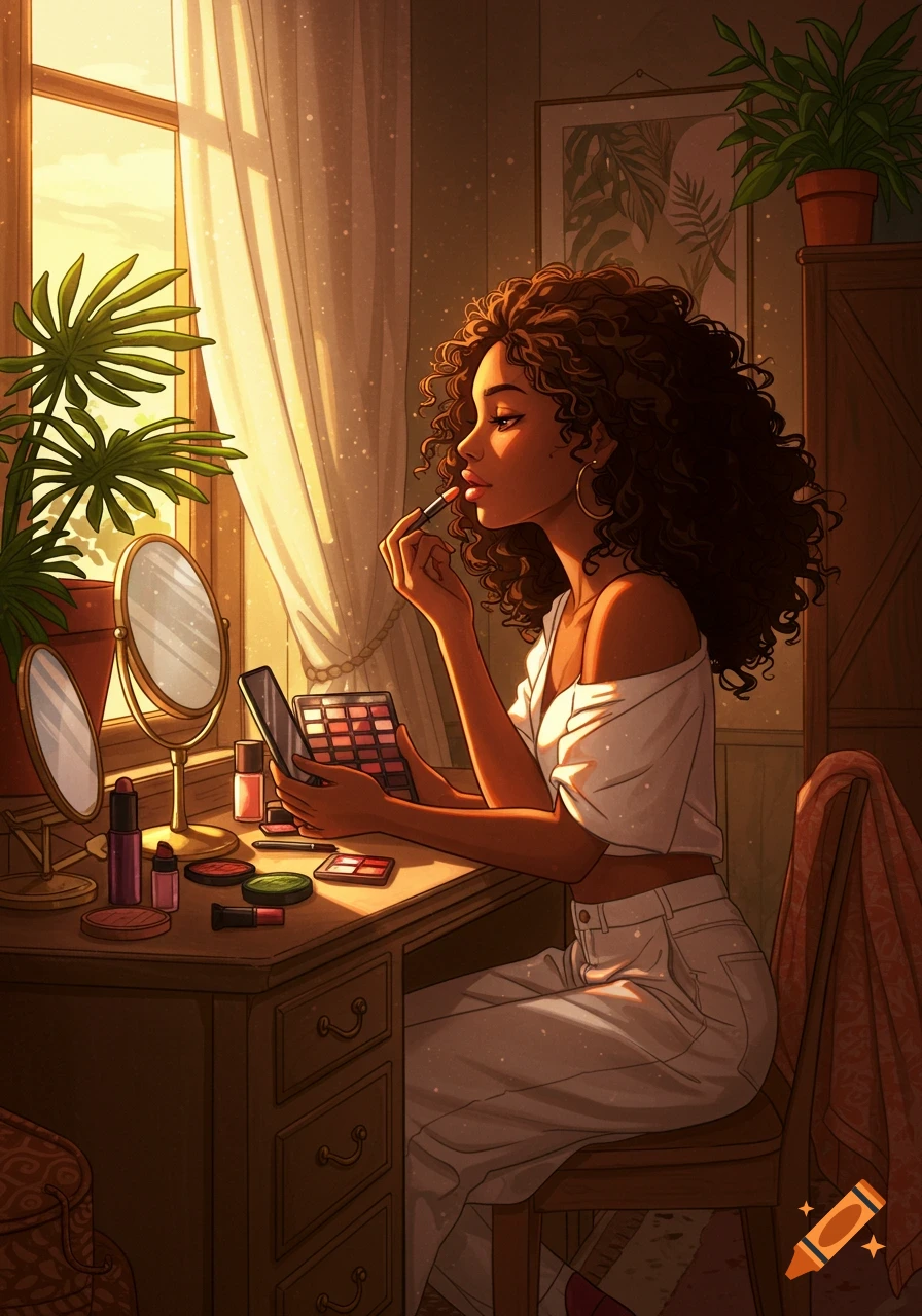 A Black woman with curly hair applies lipstick at a sunlit vanity table, surrounded by makeup and plants, in a warm digital illustration.