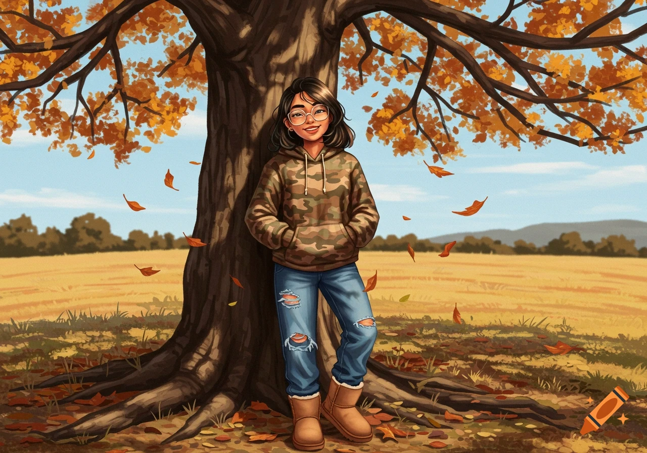 An illustrated girl with glasses, a camo hoodie, distressed jeans, and Ugg boots leans against a large tree with autumn leaves in a field.