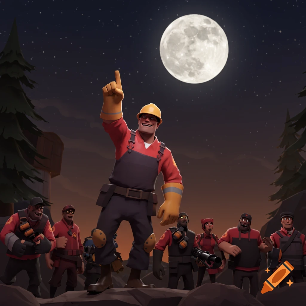 The Team Fortress 2 Engineer points at a large moon in the night sky, surrounded by other TF2 characters in stylized 3D art.