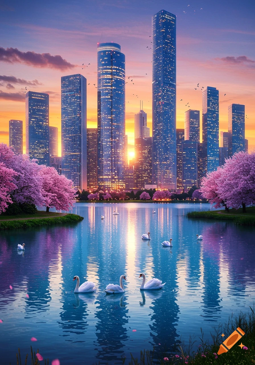 Photorealistic cityscape with skyscrapers reflecting in a lake, flanked by pink cherry blossoms and swans, under a colorful sunset sky.
