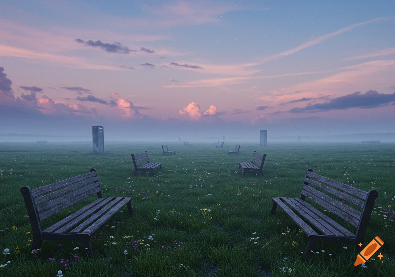 Misty twilight landscape with rows of empty wooden benches and tall, rectangular structures in a vast grassy field.