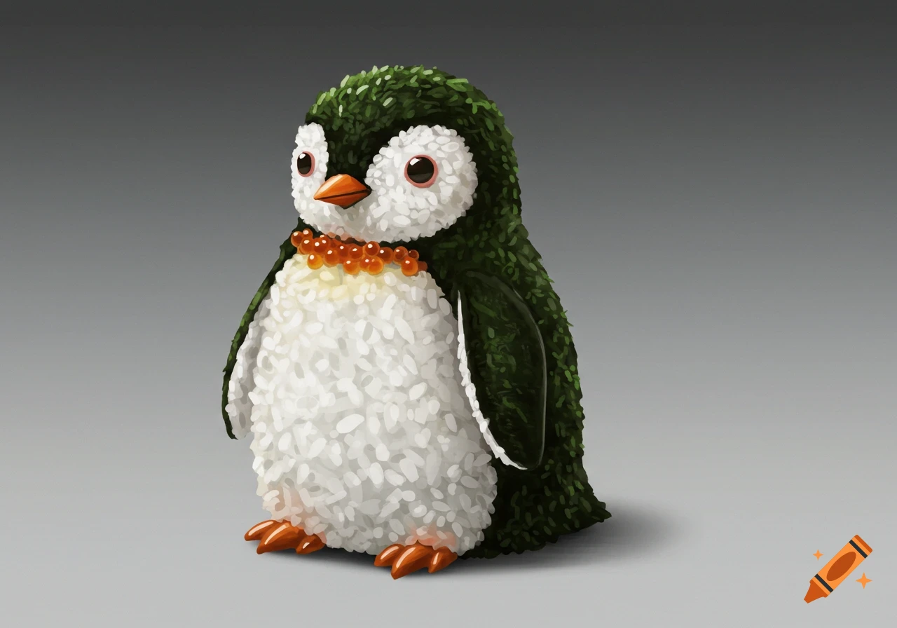 A cute penguin figure made of sushi rice, green nori, and orange salmon roe, on a gray background.