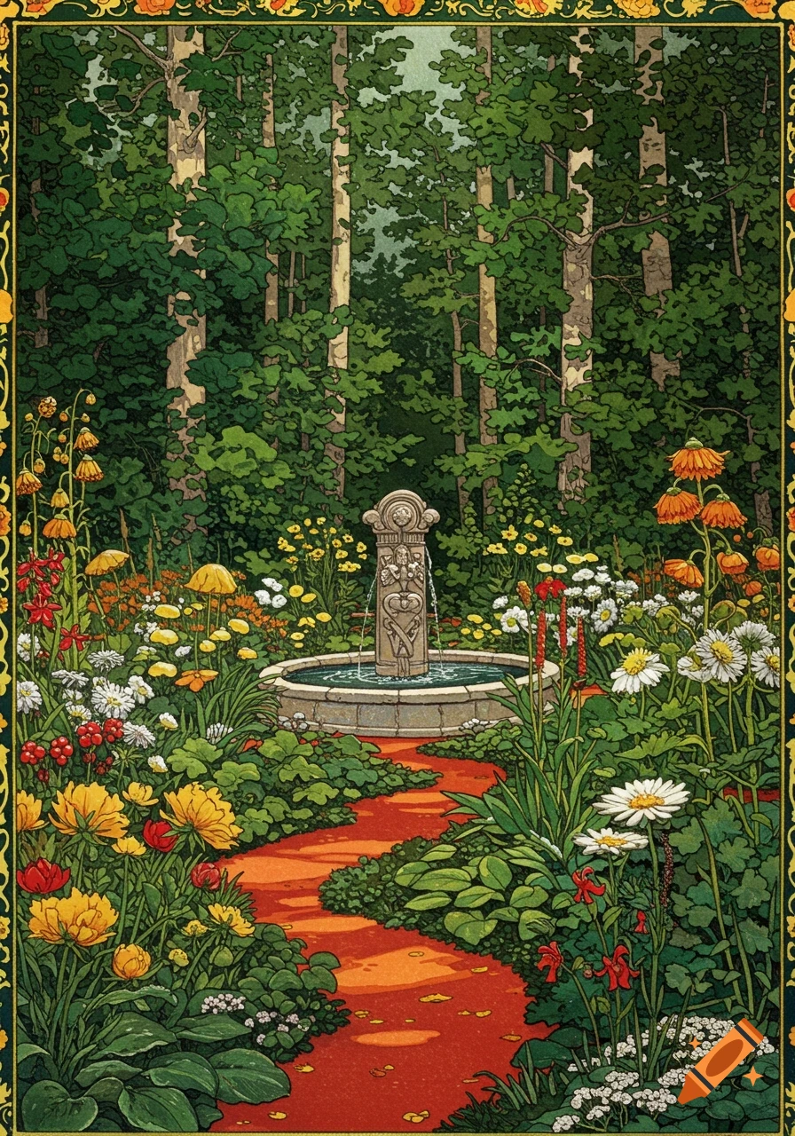 Lush, stylized illustration of a garden in a forest with a stone fountain and red path, framed by a decorative border.