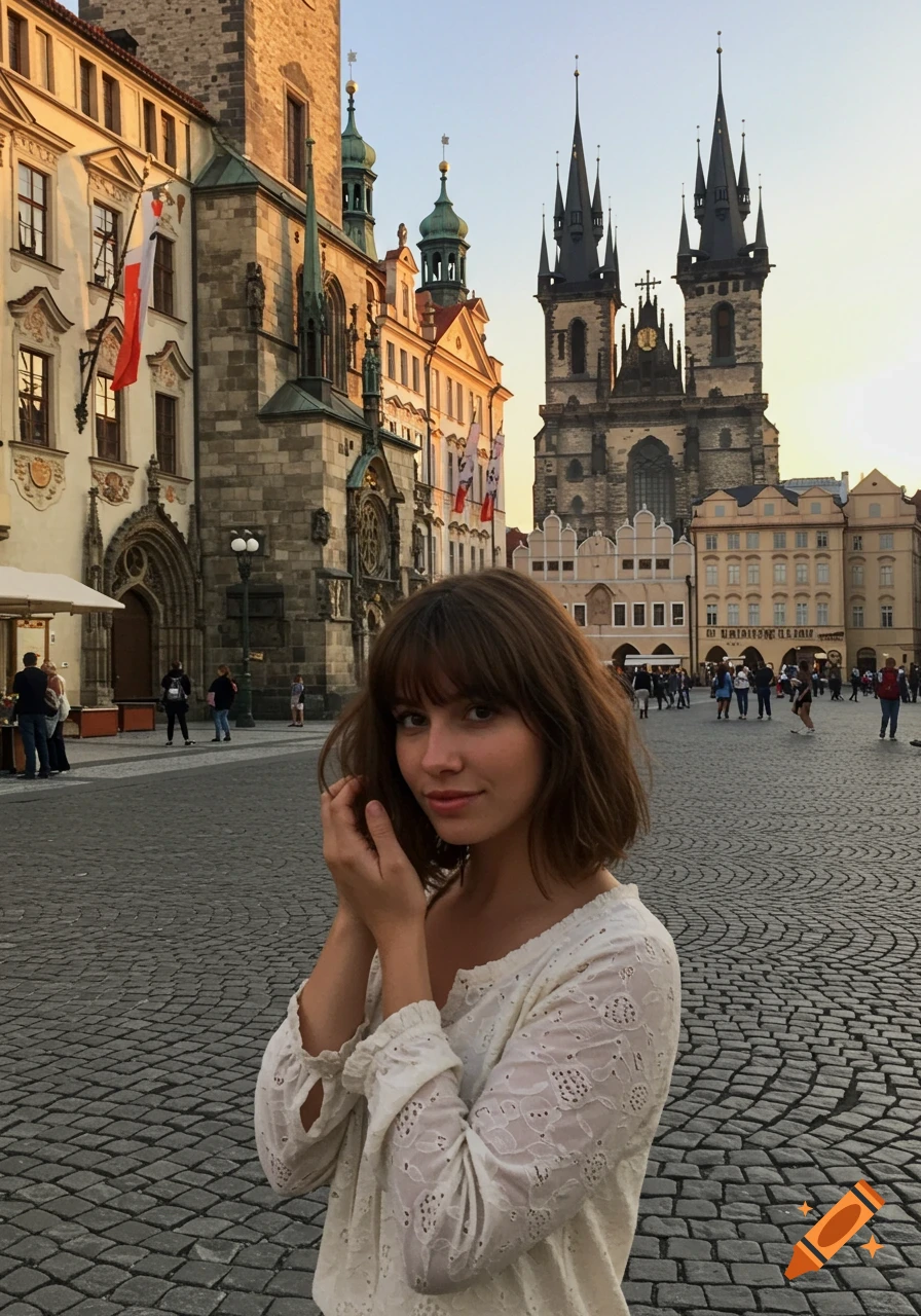 Young woman with light brown hair and bangs in Prague's Old Town Square with historic buildings behind her.