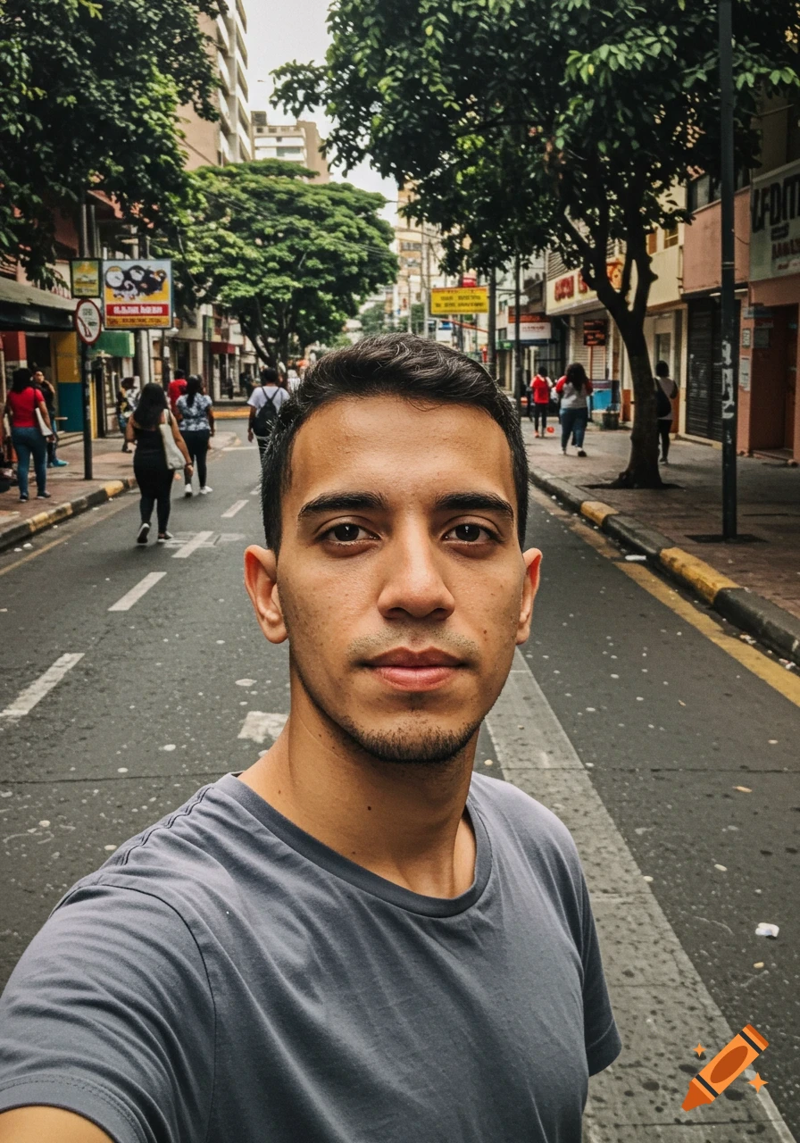 A young man with short dark hair and a slight beard takes a casual selfie on a busy city street with buildings and trees in the background.