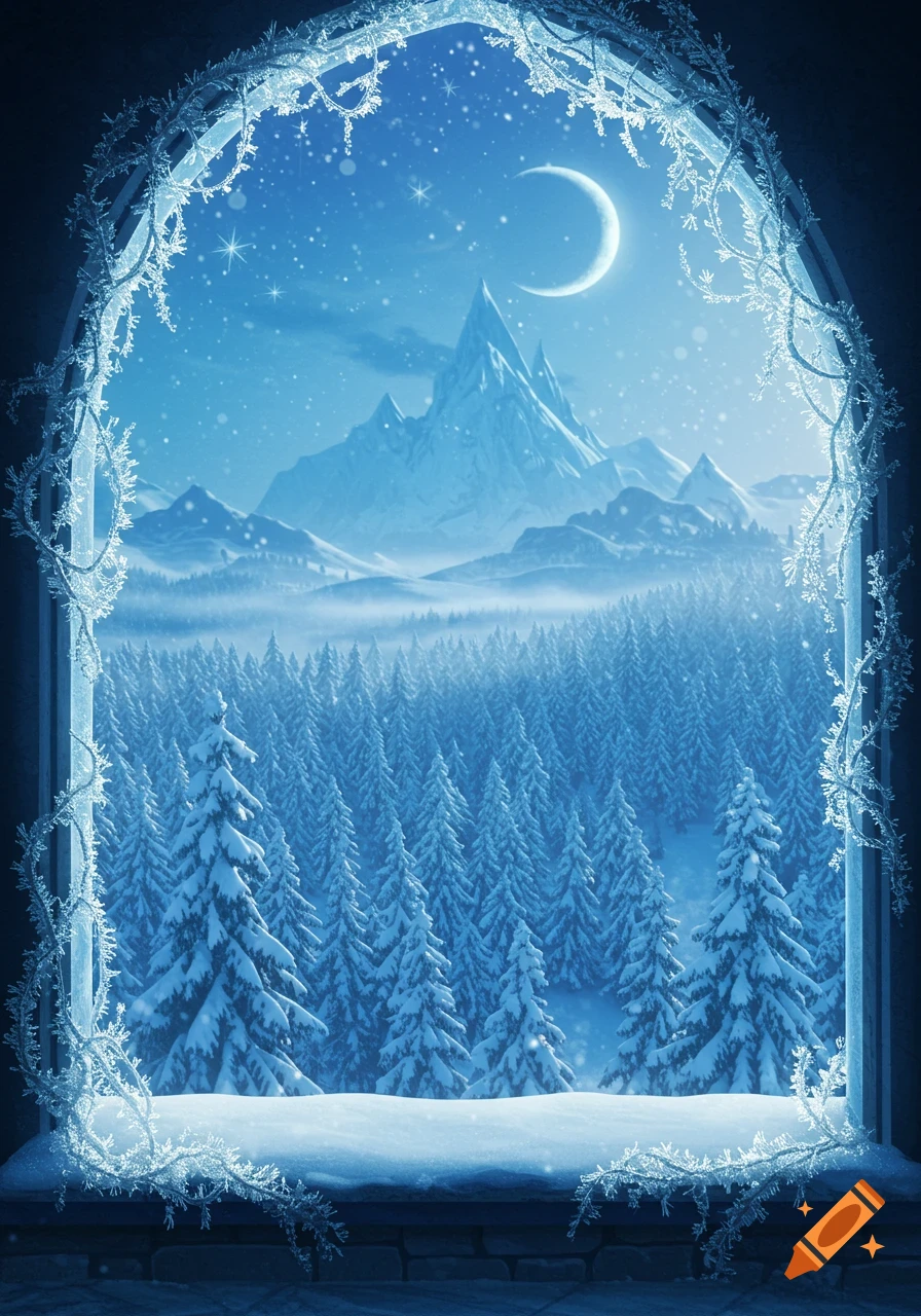 View from a frosted castle window of a snow-covered forest, icy mountains, crescent moon, and falling snow.