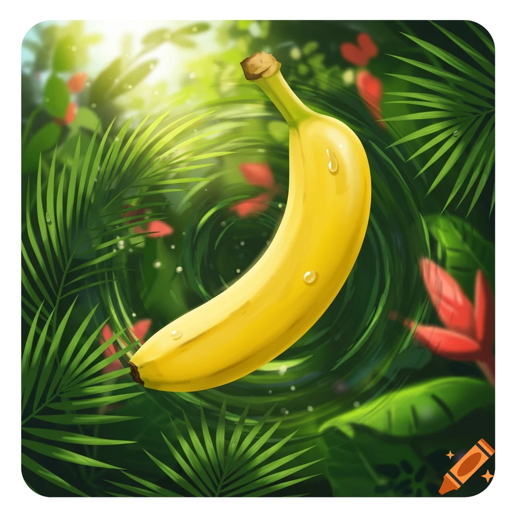 A vibrant digital illustration of a ripe yellow banana with water droplets, surrounded by lush green tropical foliage and red flowers.