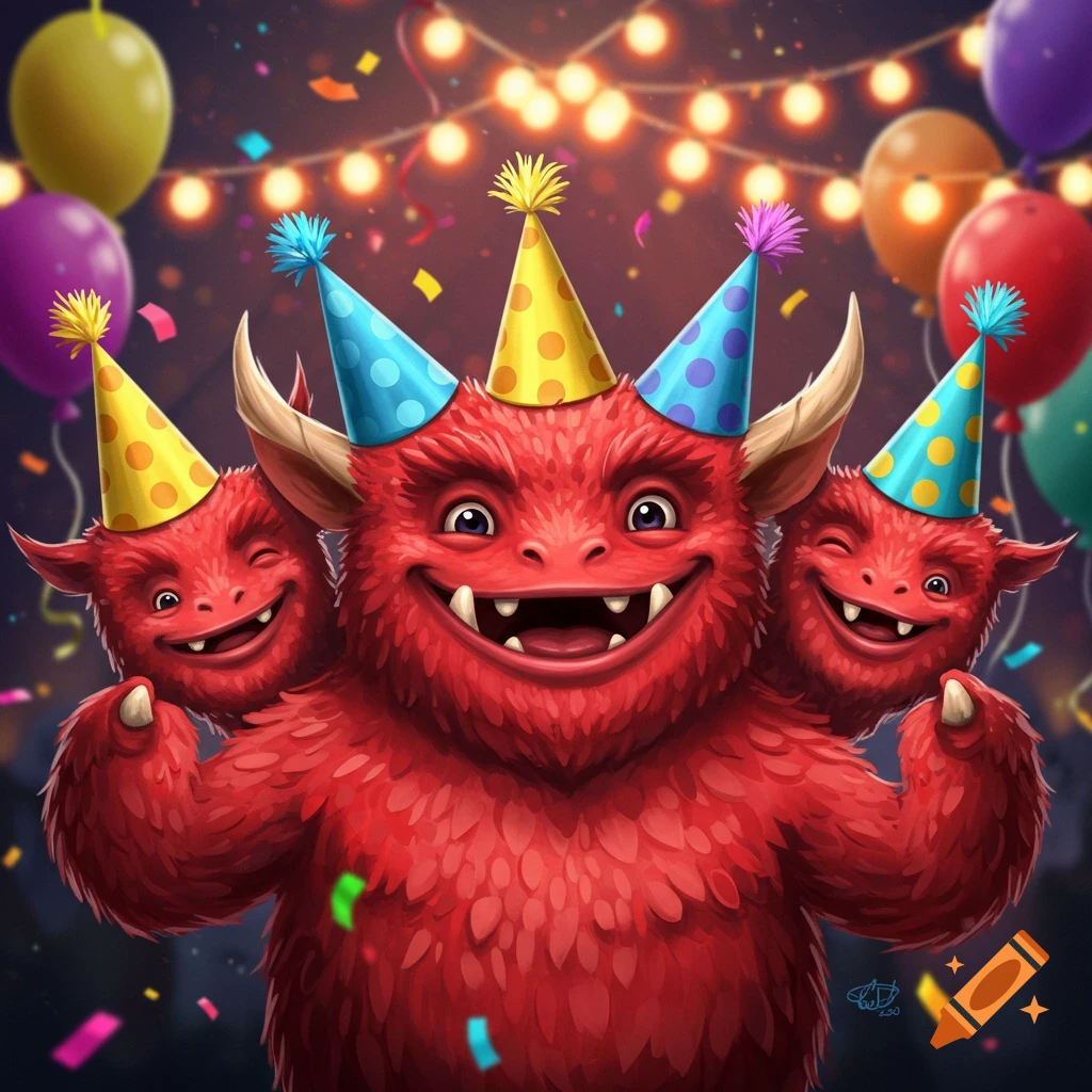 Three-headed red monster with party hats celebrating amidst confetti, balloons, and string lights in a vibrant cartoon style.