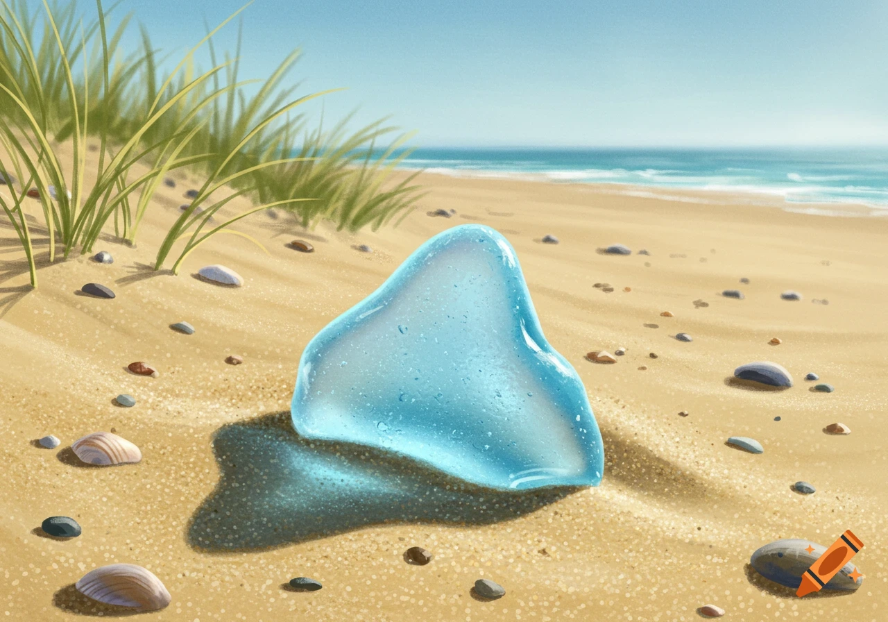 A soft blue, translucent piece of seaglass rests on a sandy beach with small pebbles, grass, and the ocean in the background.
