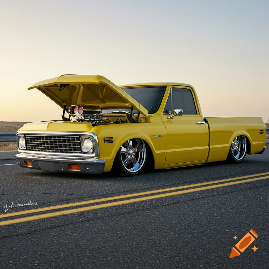 A bright yellow, lowered 1970 C10 stepside pickup truck with its hood open, parked on an asphalt road at sunset.