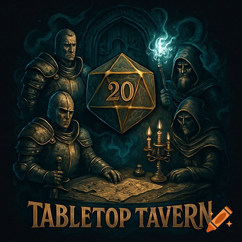 Dark fantasy art of four characters (two knights, two hooded figures) around a table with a map and candelabra, a D20 die with '20' above, and 'TABLETOP TAVERN' text below.