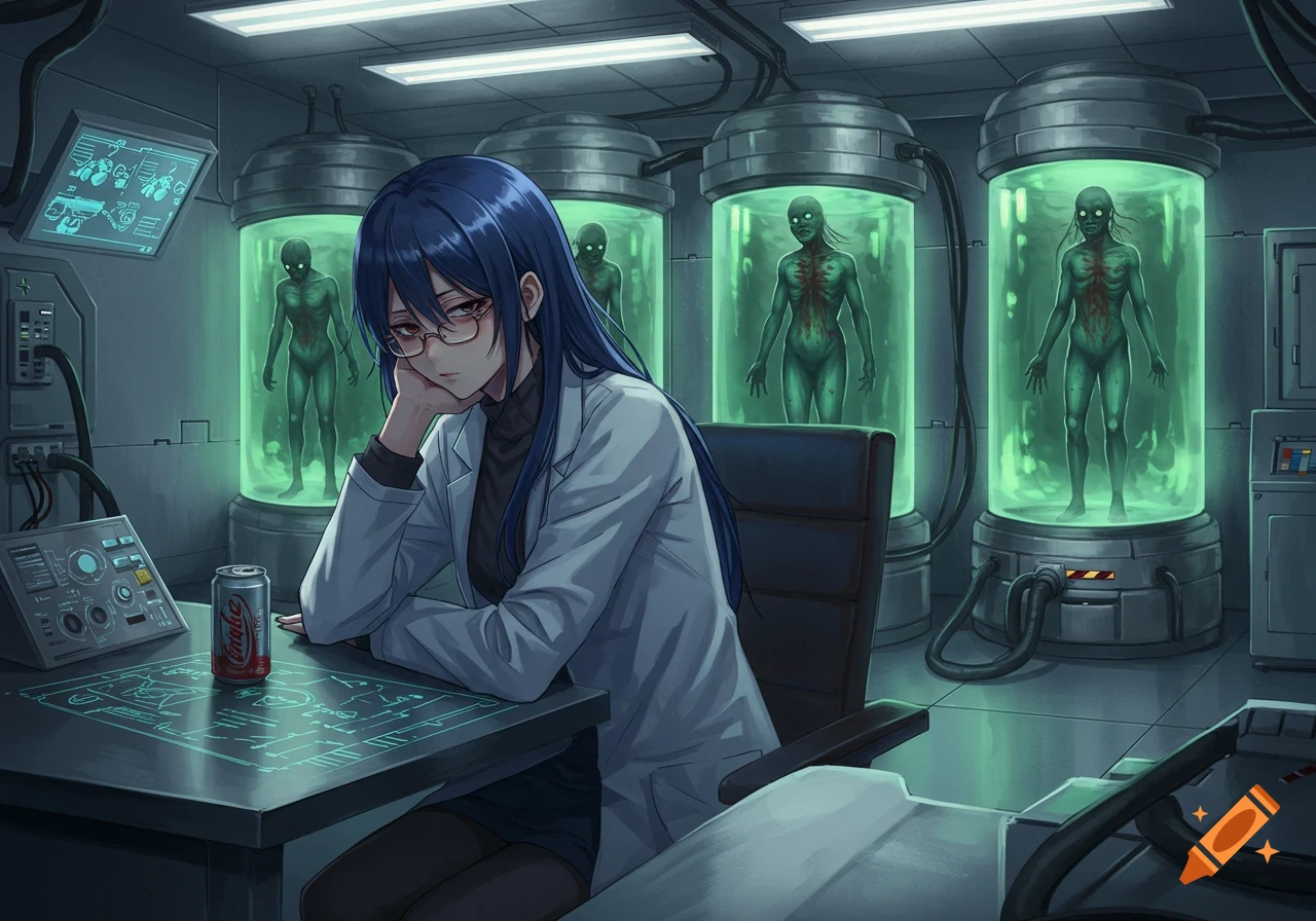 An anime scientist with blue hair and glasses sits at a desk with a soda, facing four glowing tanks containing green, skeletal, half-human abominations in a dark, sterile lab.