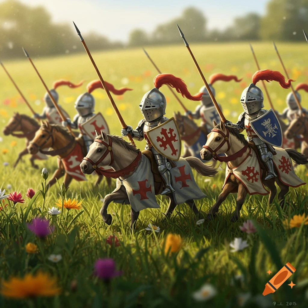 Stylized image of a line of knights in armor on horseback charging through a sunlit field of colorful wildflowers.