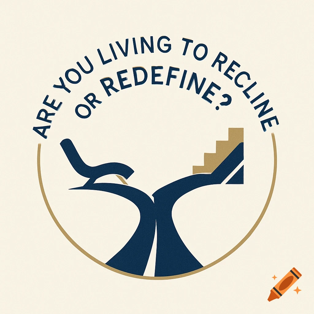 Minimalist logo with text "ARE YOU LIVING TO RECLINE OR REDEFINE?", featuring a dark blue reclining chair and golden steps within a gold circle.