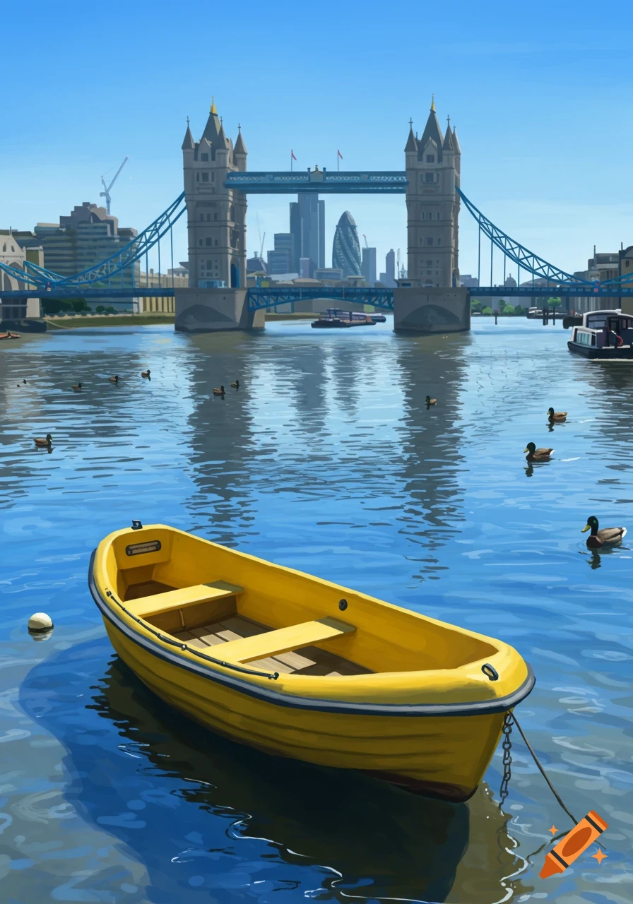 A bright yellow rowboat floats on a blue river with London's Tower Bridge and cityscape in the background, in an illustrated style.