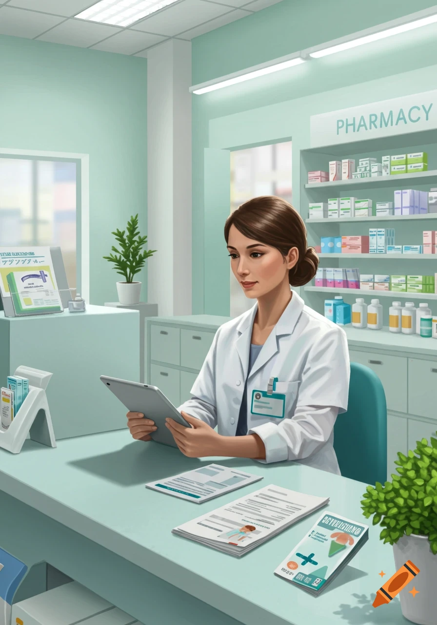 A female pharmacist in a white lab coat sitting at a counter in a pharmacy, looking at a tablet.